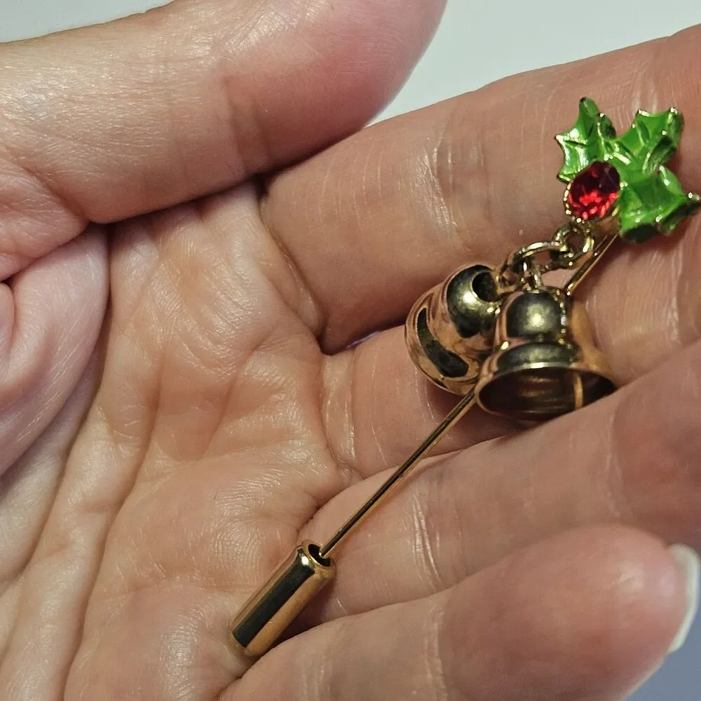 Vintage Christmas Stick Pin Red Rhinestone Green Holly Leaves Gold Tone Bells